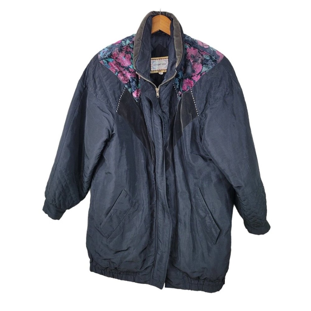 Vintage 80s Puffer Coat Size Medium Winter zip warm Floral Velvet Accent Granny